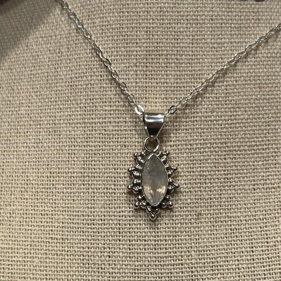 Rainbow Moonstone Faceted Marquise Halo Pendant Sterling Silver - Picture 2 of 8